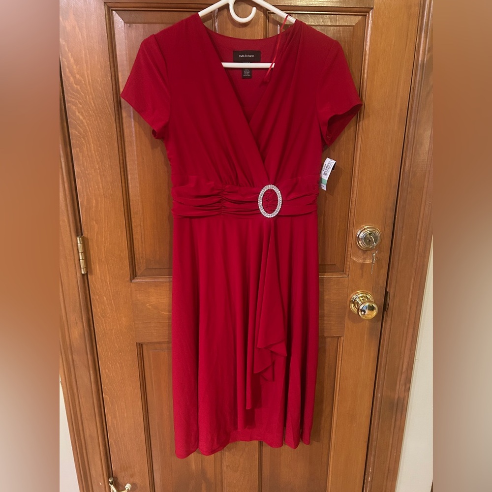 R&M Richards Red Faux-Wrap Midi Dress with Rhinestone Waist Accent